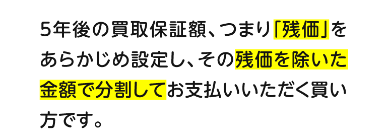 5年後の買取保証額、つまり「残価」をあらかじめ設定し、その残価を除いた金額で分割してお支払いいただく買い方です。