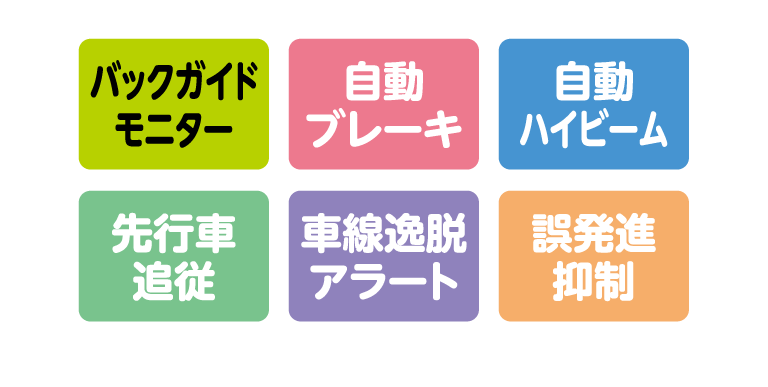 自動ブレーキ・自動ハイビーム・車線逸脱・アラート・誤発進抑制