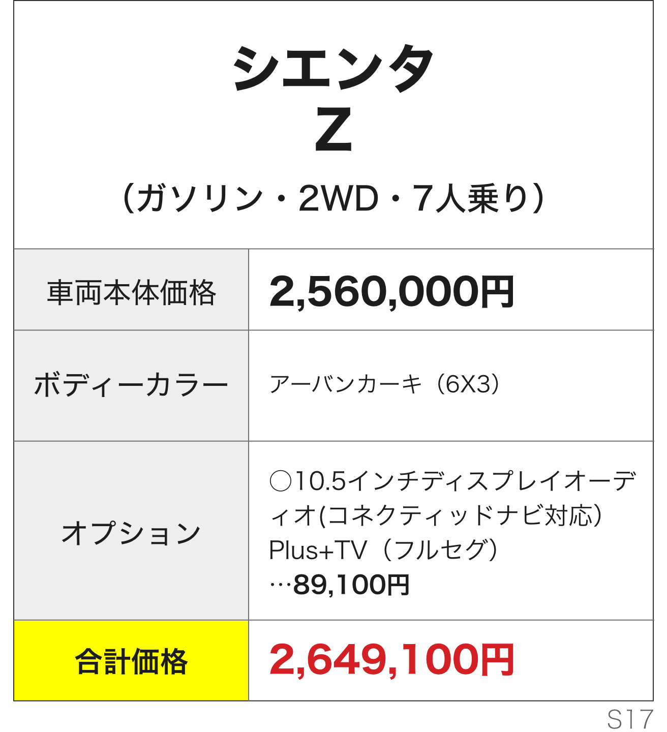 シエンタZ　合計価格2,649,100円