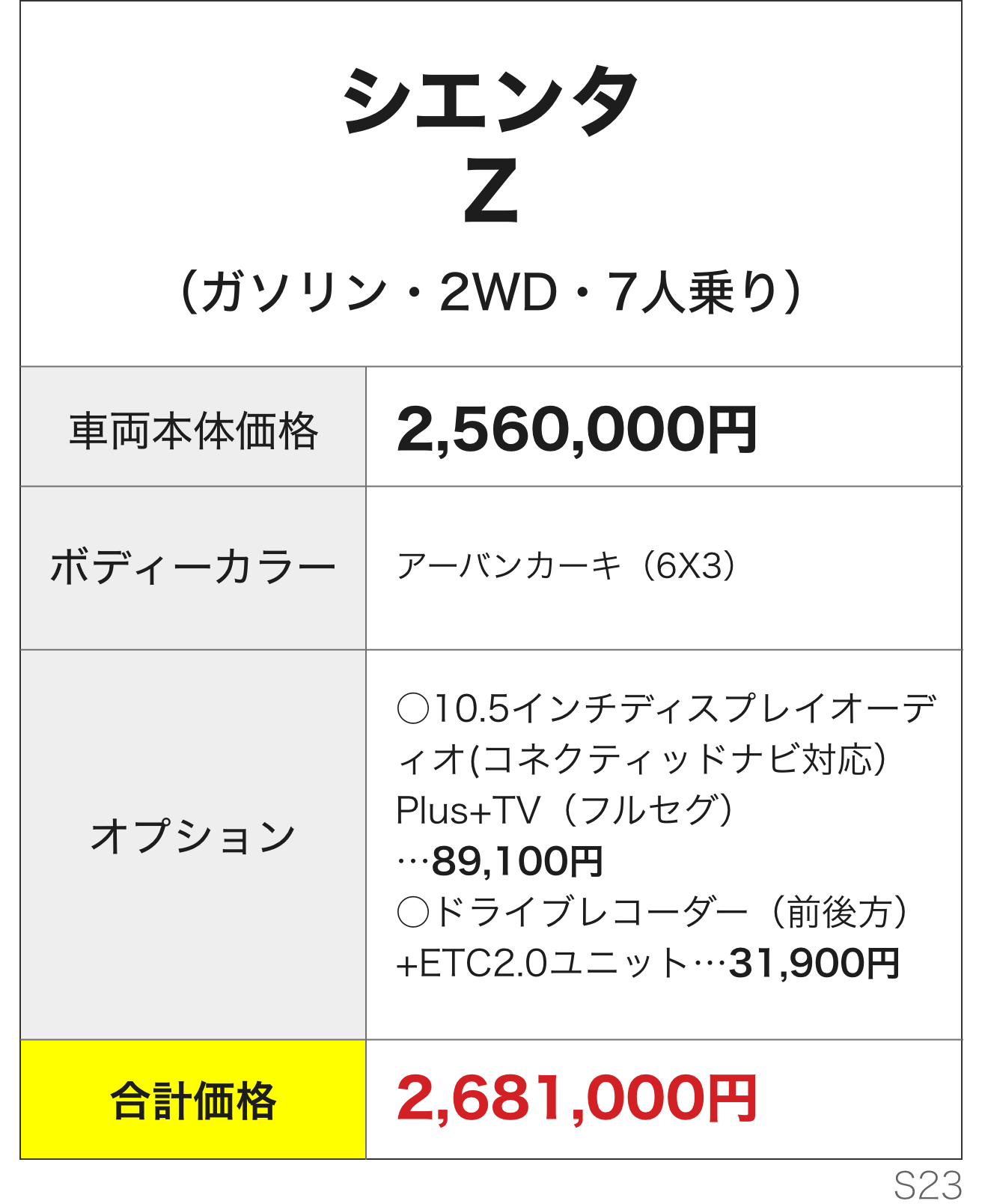 シエンタZ　合計価格2,681,000円