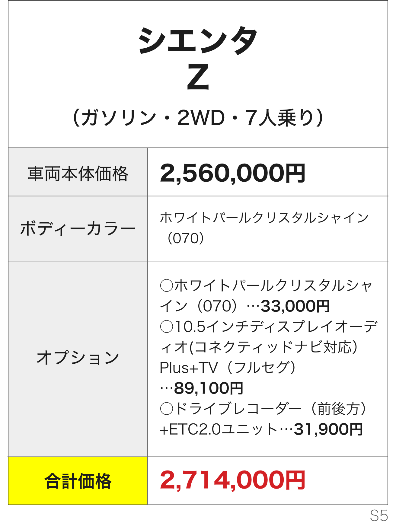 シエンタZ　合計価格2,714,000円