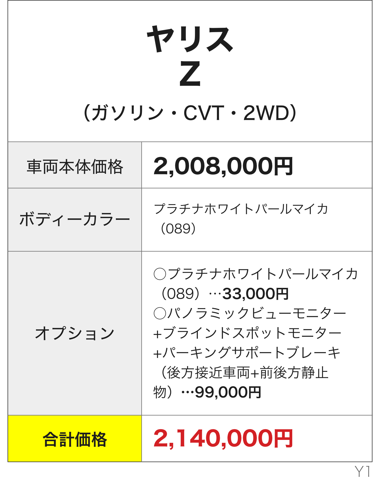 ヤリスZ 合計価格2,140,000円