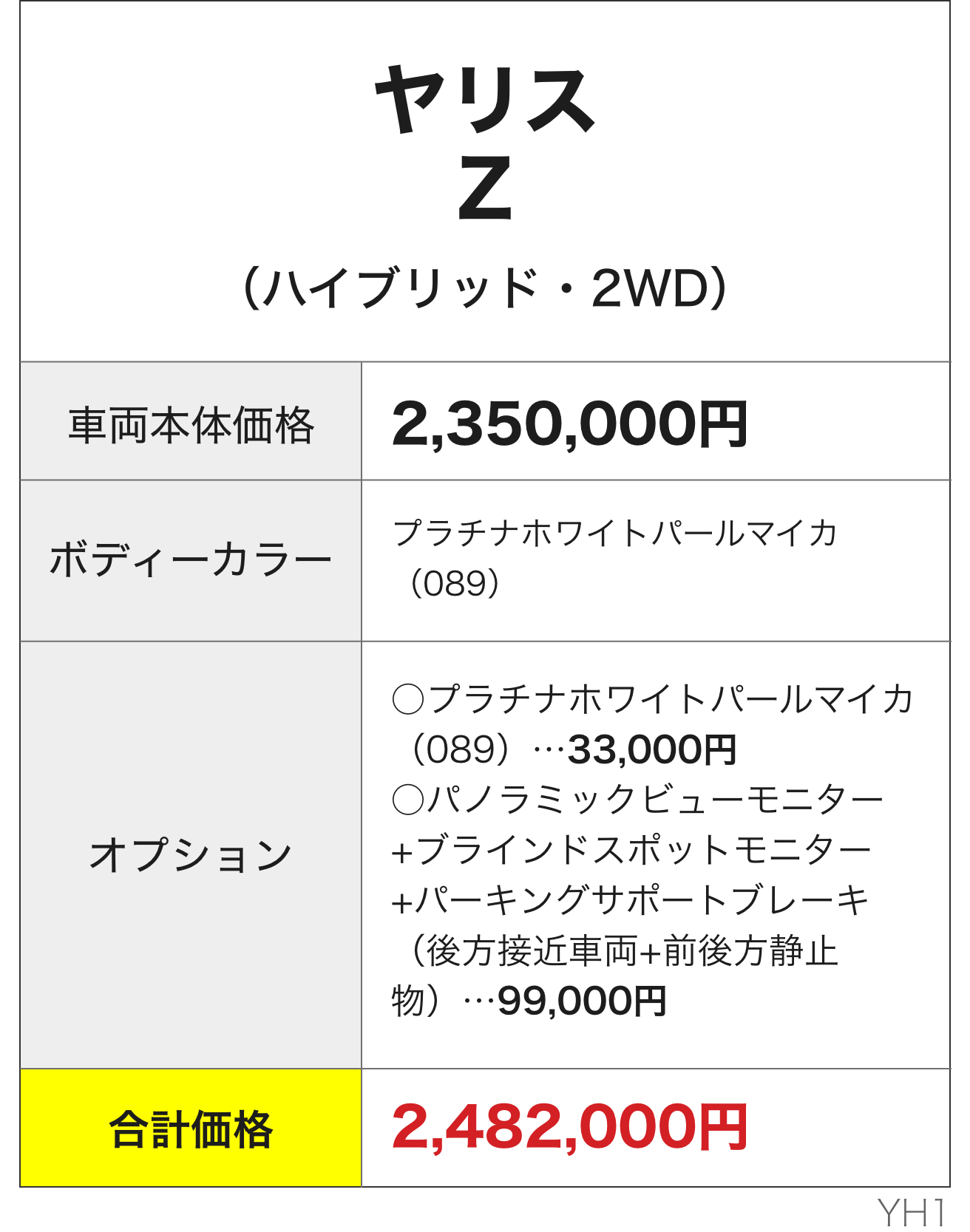 ヤリスZ 合計価格2,482,000円